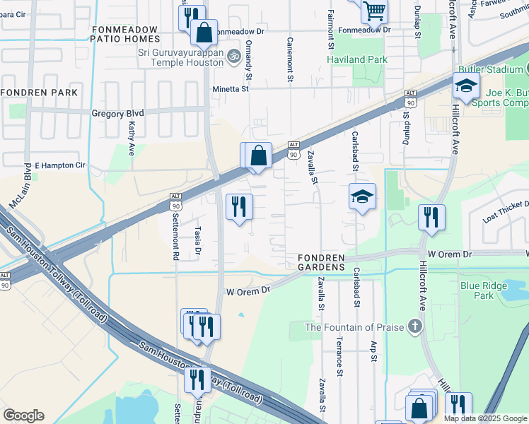 map of restaurants, bars, coffee shops, grocery stores, and more near 12235 Ormandy Street in Houston
