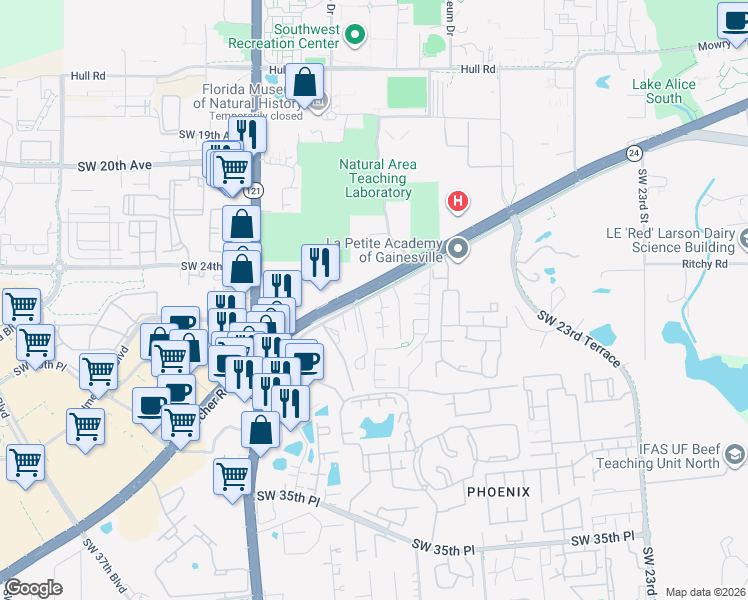 map of restaurants, bars, coffee shops, grocery stores, and more near 3025 Southwest Archer Road in Gainesville