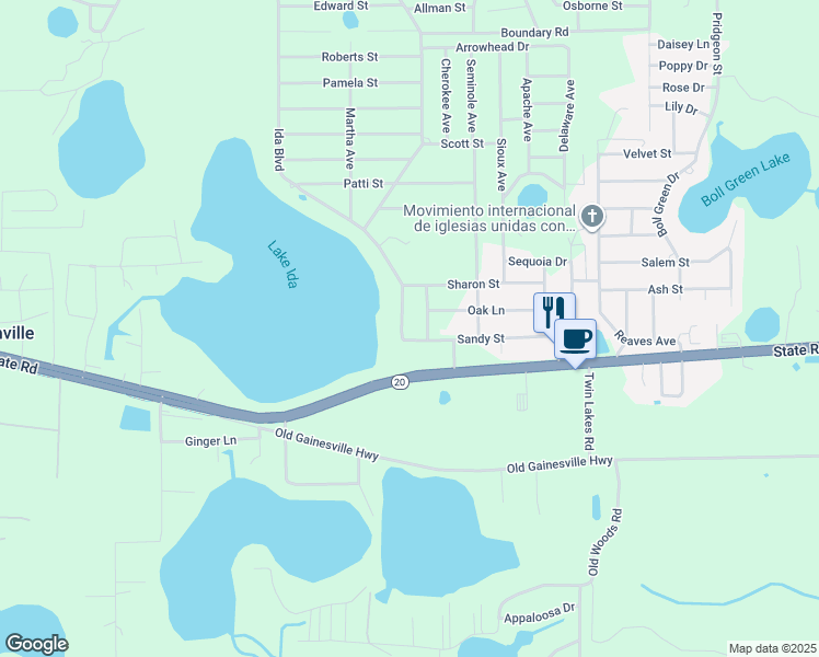 map of restaurants, bars, coffee shops, grocery stores, and more near 110 Ida Boulevard in Interlachen