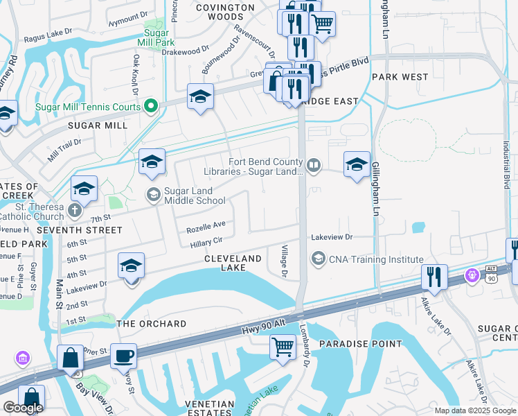 map of restaurants, bars, coffee shops, grocery stores, and more near 714 Rolling Mill Drive in Sugar Land