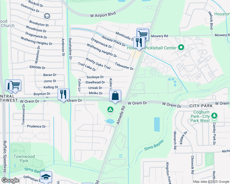 map of restaurants, bars, coffee shops, grocery stores, and more near 2635 Umiak Drive in Houston