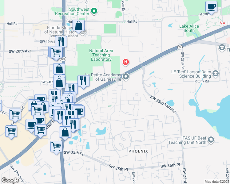 map of restaurants, bars, coffee shops, grocery stores, and more near 2777 Southwest Archer Road in Gainesville