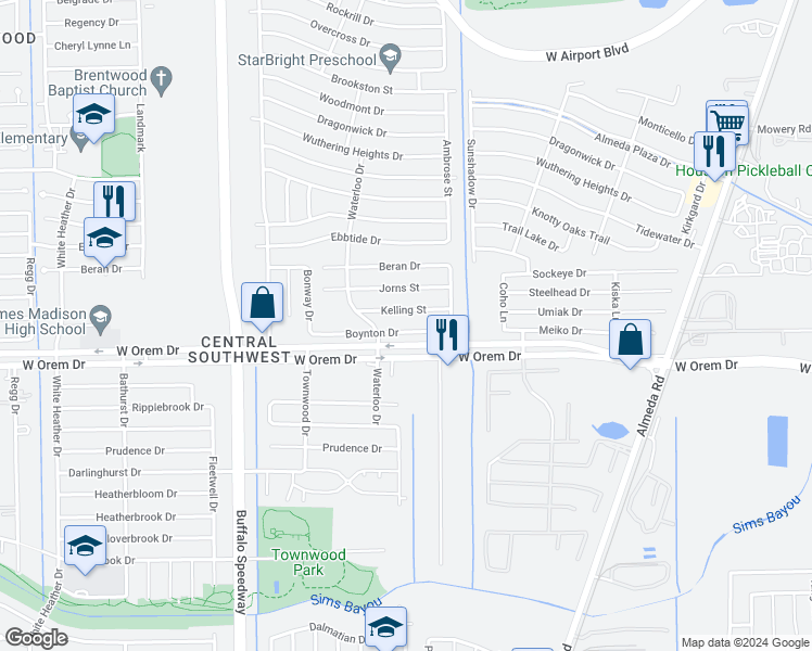 map of restaurants, bars, coffee shops, grocery stores, and more near 3154 Boynton Drive in Houston