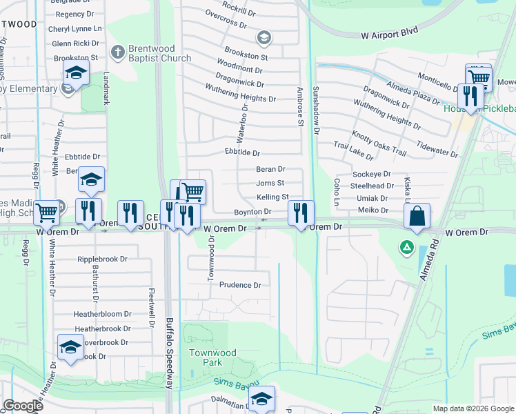 map of restaurants, bars, coffee shops, grocery stores, and more near 3230 Boynton Drive in Houston