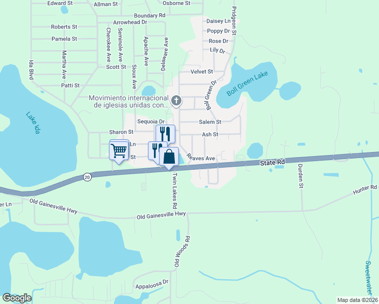 map of restaurants, bars, coffee shops, grocery stores, and more near 106 Iron Avenue in Interlachen
