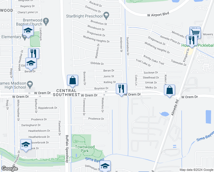 map of restaurants, bars, coffee shops, grocery stores, and more near 3214 Boynton Drive in Houston