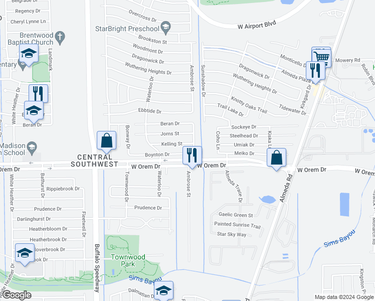 map of restaurants, bars, coffee shops, grocery stores, and more near 3114 Boynton Drive in Houston
