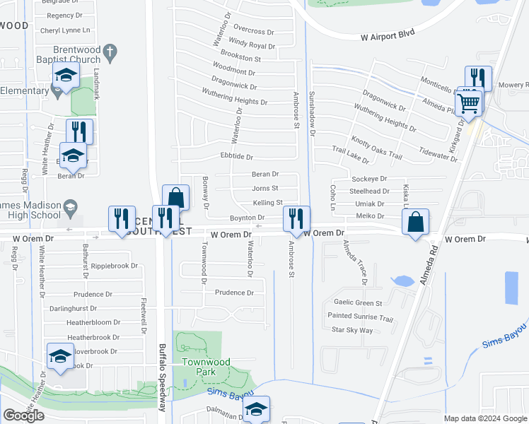 map of restaurants, bars, coffee shops, grocery stores, and more near 3206 Boynton Drive in Houston