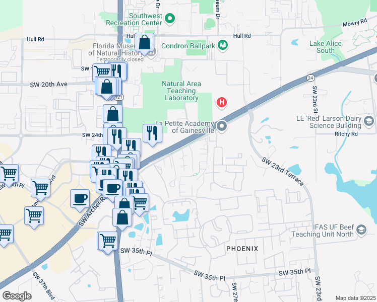 map of restaurants, bars, coffee shops, grocery stores, and more near Southwest Archer Road in Gainesville