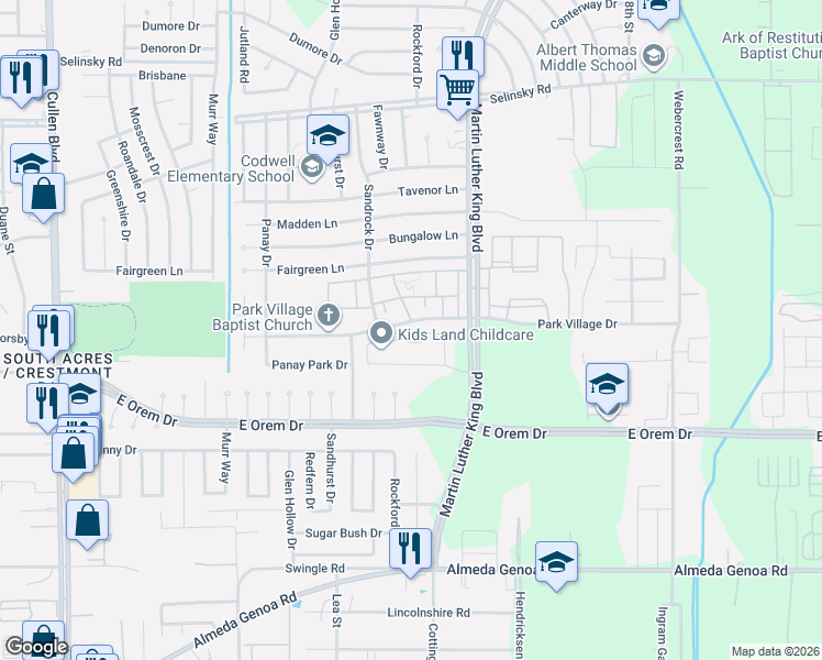 map of restaurants, bars, coffee shops, grocery stores, and more near 12000 Martin Luther King Boulevard in Houston
