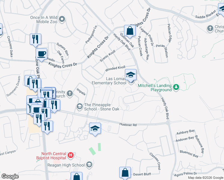 map of restaurants, bars, coffee shops, grocery stores, and more near 1022 Silver Knoll in San Antonio