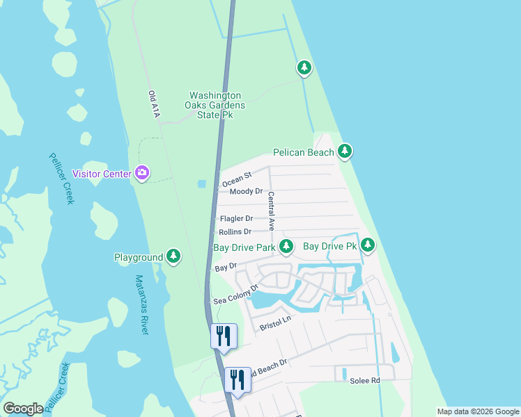 map of restaurants, bars, coffee shops, grocery stores, and more near 17 Atlantic Drive in Palm Coast