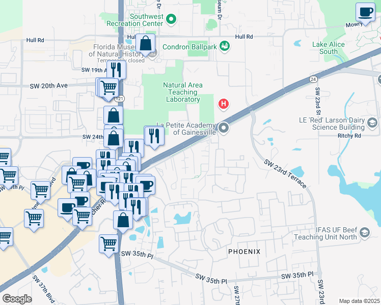 map of restaurants, bars, coffee shops, grocery stores, and more near 2905 Southwest Archer Road in Gainesville