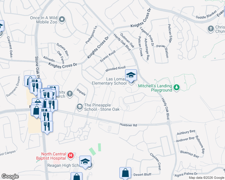 map of restaurants, bars, coffee shops, grocery stores, and more near 1022 Silver Knoll in San Antonio