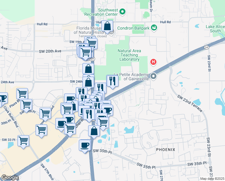 map of restaurants, bars, coffee shops, grocery stores, and more near 3120 Southwest Archer Road in Gainesville