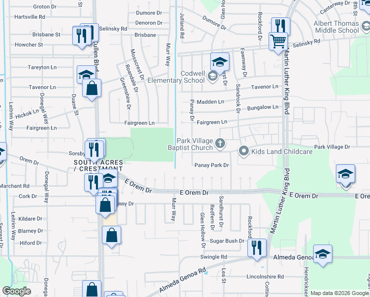 map of restaurants, bars, coffee shops, grocery stores, and more near 11935 Panay Drive in Houston