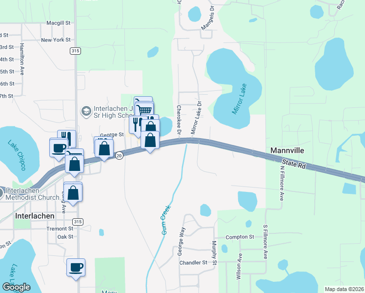 map of restaurants, bars, coffee shops, grocery stores, and more near 1095 Florida 20 in Interlachen