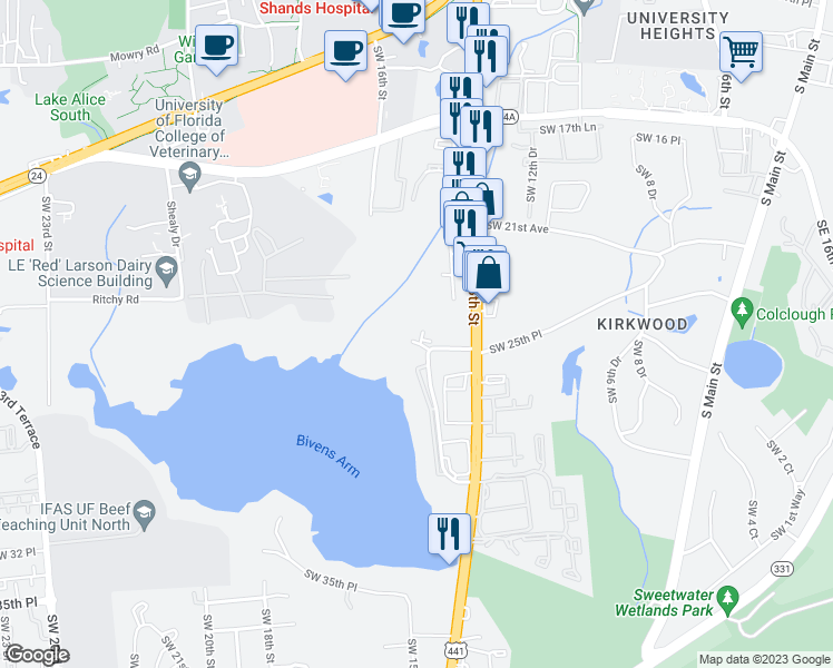 map of restaurants, bars, coffee shops, grocery stores, and more near 1454 Southwest 25th Place in Gainesville