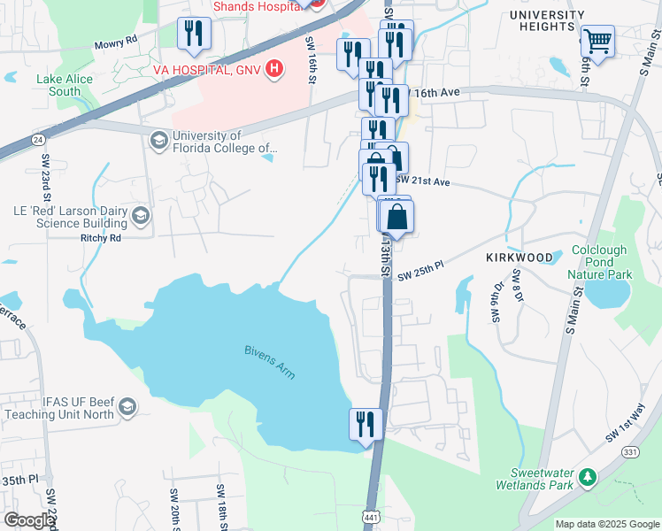 map of restaurants, bars, coffee shops, grocery stores, and more near 1510 Southwest 25th Place in Gainesville
