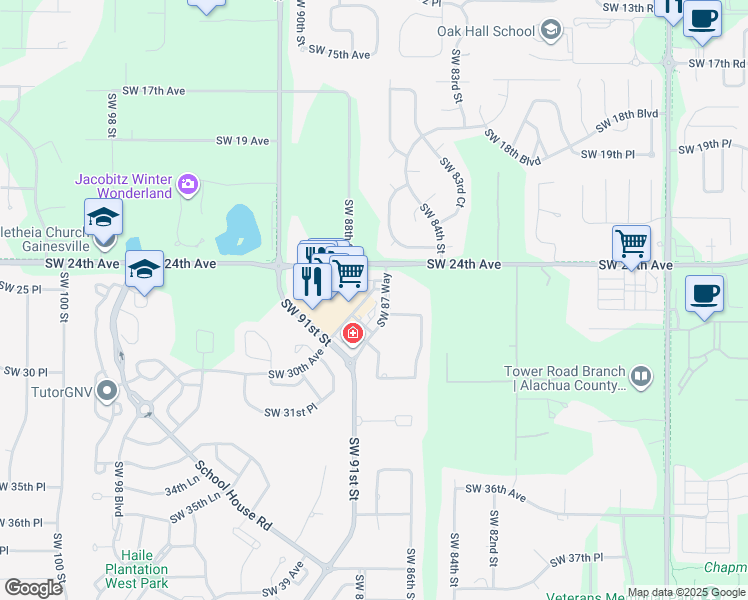 map of restaurants, bars, coffee shops, grocery stores, and more near 2602 Southwest 87th Drive in Gainesville