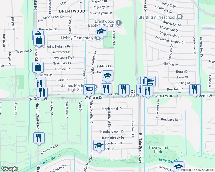 map of restaurants, bars, coffee shops, grocery stores, and more near 13719 White Heather Drive in Houston