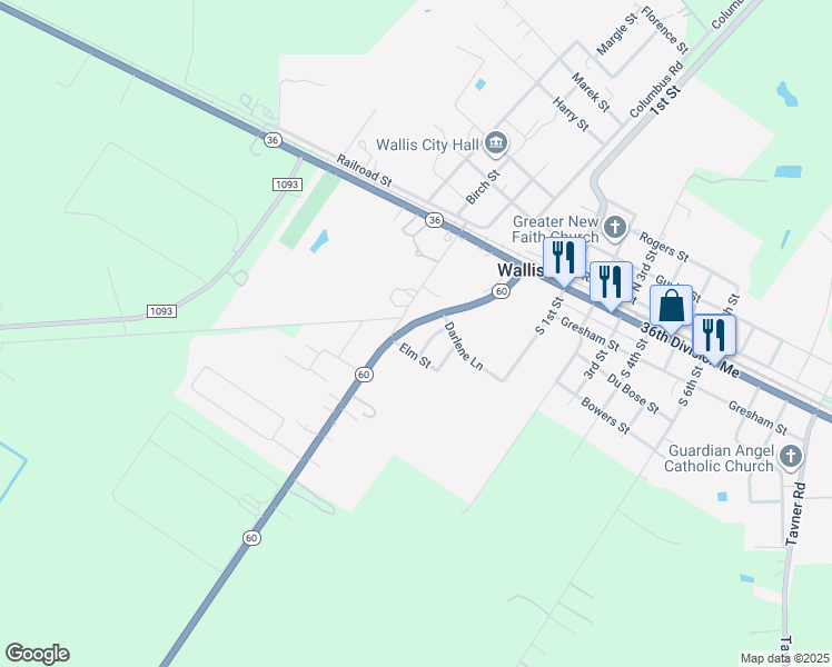 map of restaurants, bars, coffee shops, grocery stores, and more near 7602 Texas 60 in Wallis