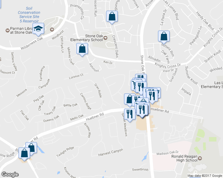 map of restaurants, bars, coffee shops, grocery stores, and more near 23118 Whisper Canyon in San Antonio