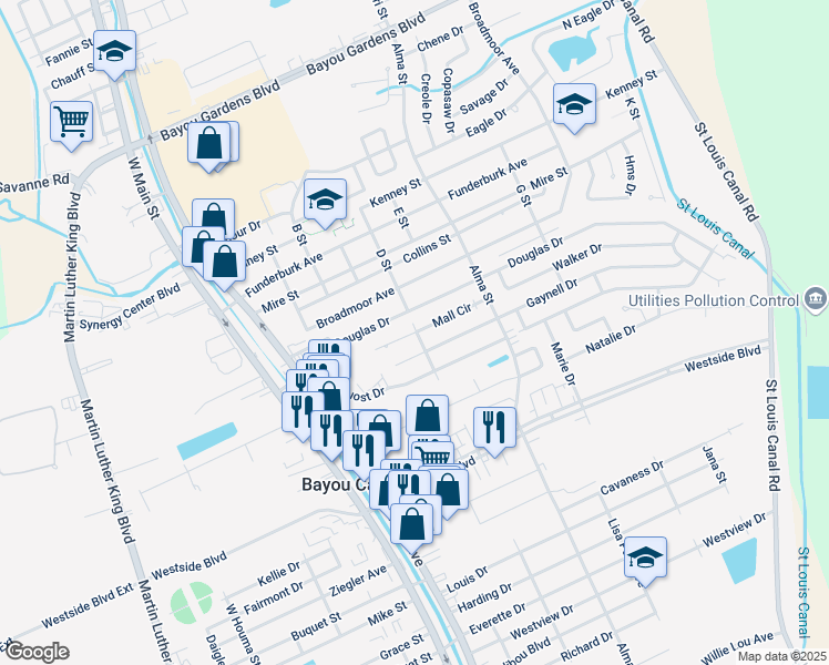map of restaurants, bars, coffee shops, grocery stores, and more near 6165 D Street in Houma