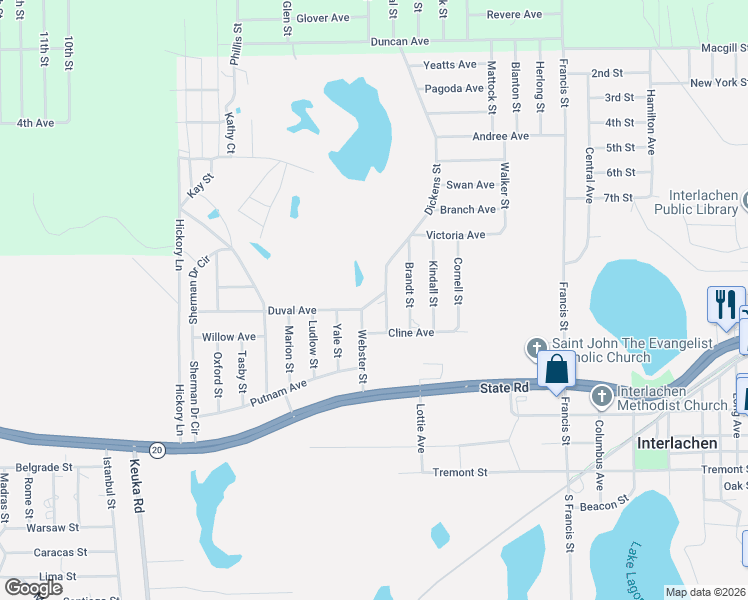 map of restaurants, bars, coffee shops, grocery stores, and more near 112 Dickens Street in Interlachen