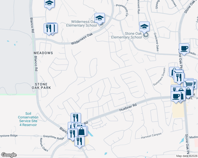 map of restaurants, bars, coffee shops, grocery stores, and more near 831 Peg Oak in San Antonio