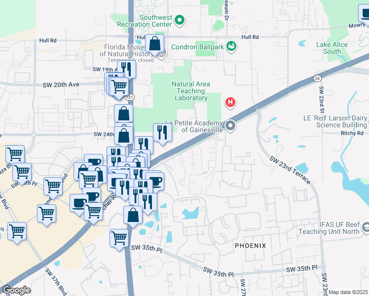 map of restaurants, bars, coffee shops, grocery stores, and more near 3025 Southwest Archer Road in Gainesville
