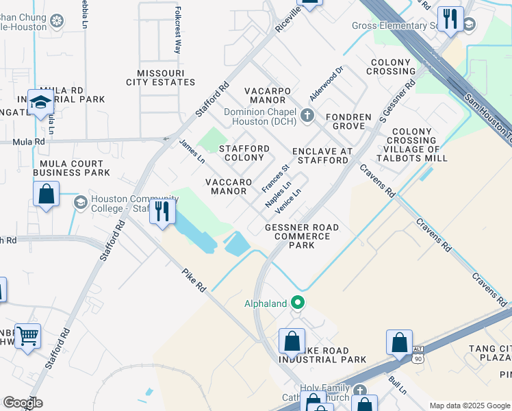 map of restaurants, bars, coffee shops, grocery stores, and more near 13227 James Lane in Stafford