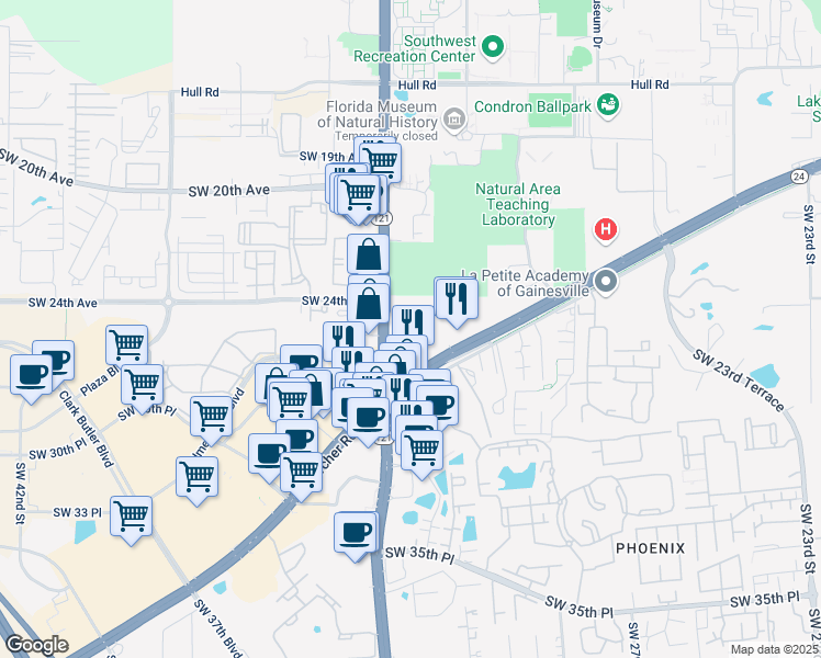 map of restaurants, bars, coffee shops, grocery stores, and more near 3230 Southwest Archer Road in Gainesville
