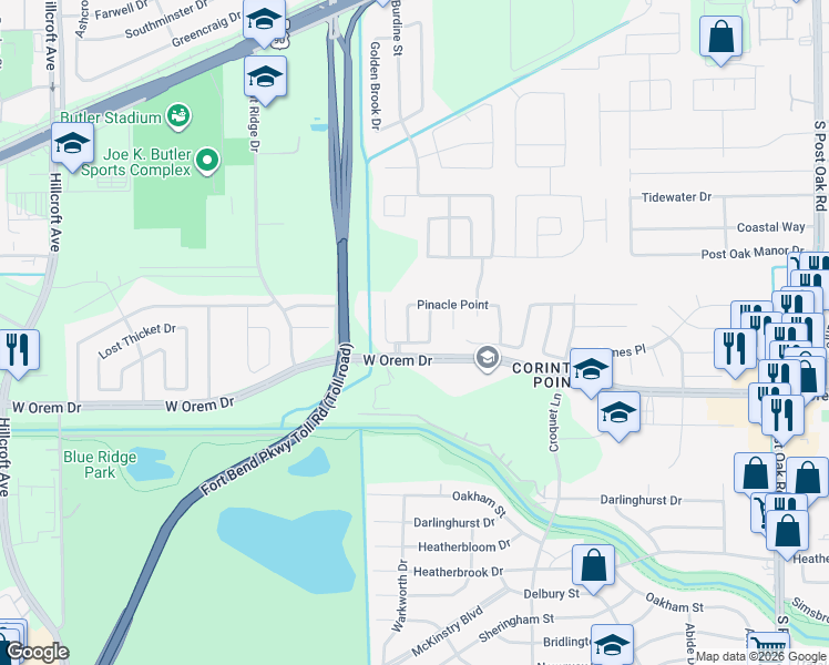 map of restaurants, bars, coffee shops, grocery stores, and more near 13510 Sherman Oaks Drive in Houston