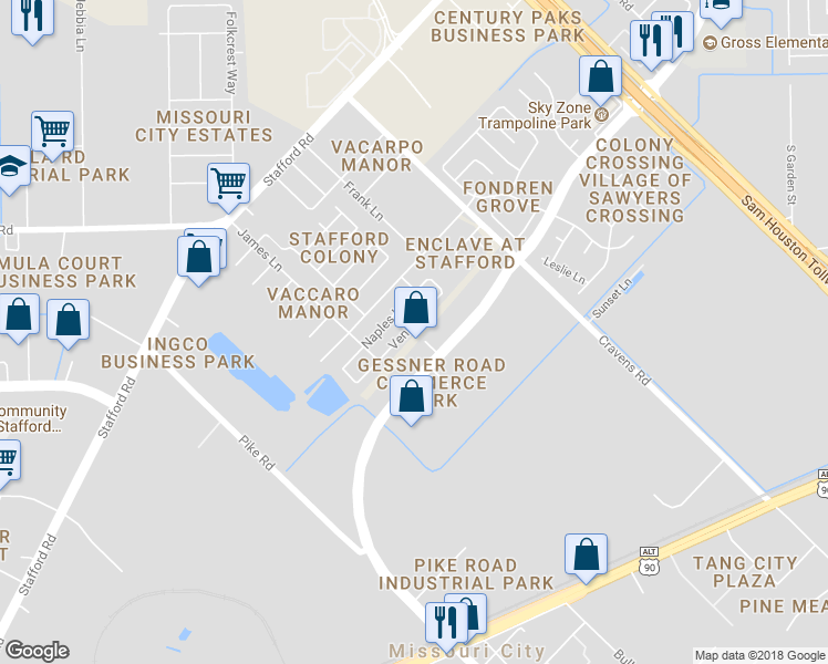 map of restaurants, bars, coffee shops, grocery stores, and more near 12919 Venice Lane in Stafford