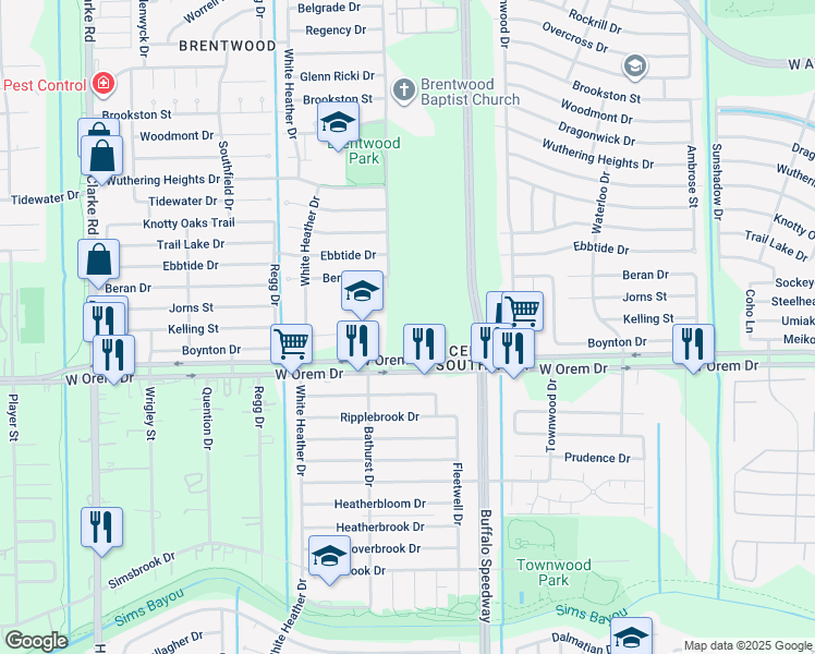 map of restaurants, bars, coffee shops, grocery stores, and more near 3730 West Orem Drive in Houston