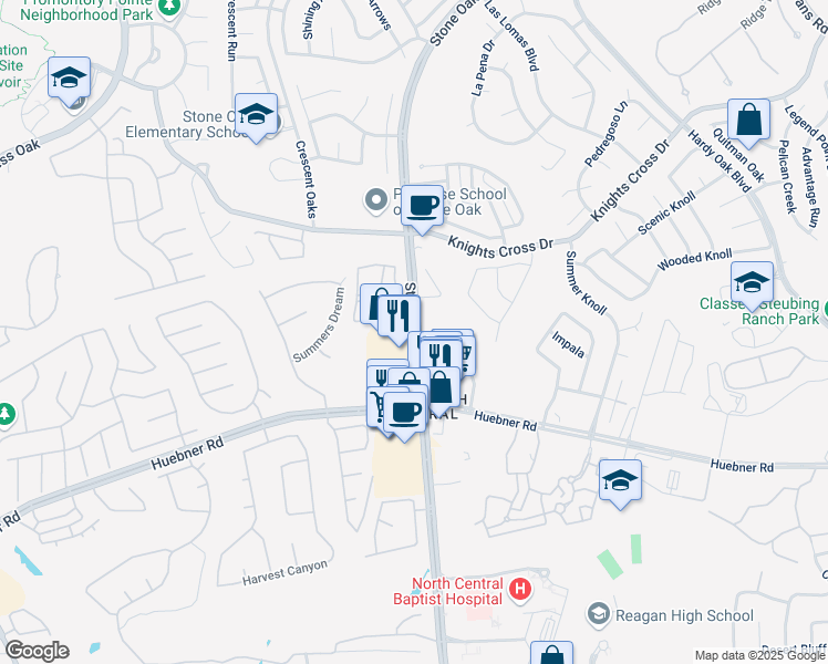 map of restaurants, bars, coffee shops, grocery stores, and more near 19249 Stone Oak Parkway in San Antonio