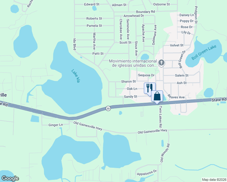 map of restaurants, bars, coffee shops, grocery stores, and more near 110 Ida Boulevard in Interlachen