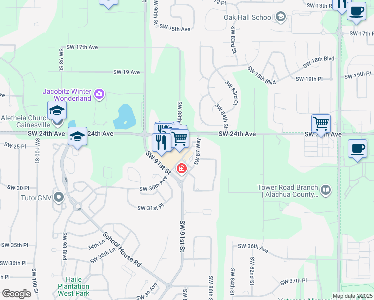 map of restaurants, bars, coffee shops, grocery stores, and more near 2602 Southwest 87th Drive in Gainesville