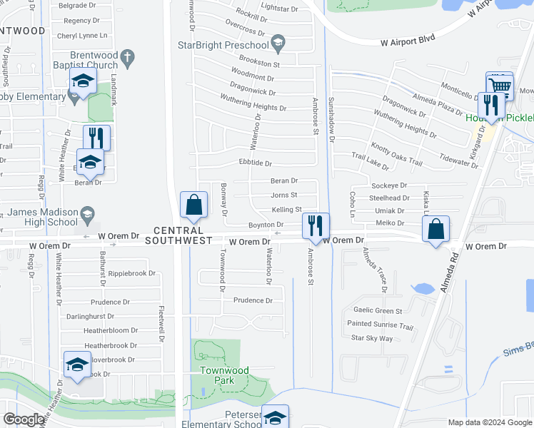 map of restaurants, bars, coffee shops, grocery stores, and more near 3239 Kelling Street in Houston