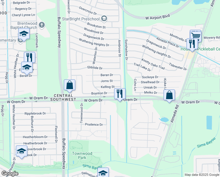 map of restaurants, bars, coffee shops, grocery stores, and more near 3147 Kelling Street in Houston
