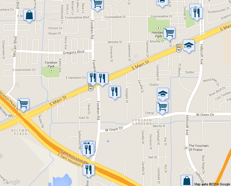 map of restaurants, bars, coffee shops, grocery stores, and more near 12235 Ormandy Street in Houston
