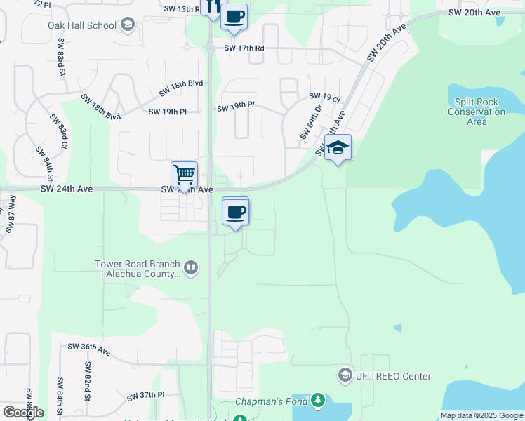 map of restaurants, bars, coffee shops, grocery stores, and more near 7207 Southwest 24th Avenue in Gainesville