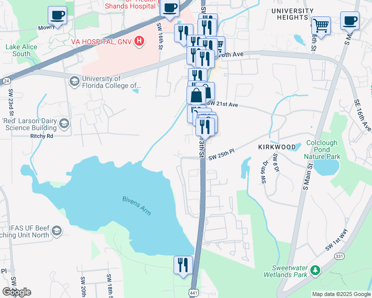 map of restaurants, bars, coffee shops, grocery stores, and more near 2306 Southwest 13th Street in Gainesville