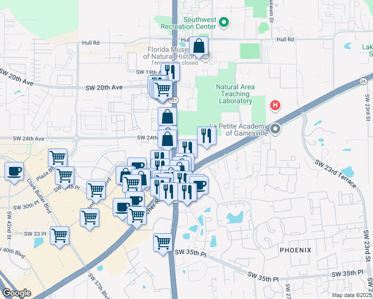 map of restaurants, bars, coffee shops, grocery stores, and more near 3230 Southwest Archer Road in Gainesville