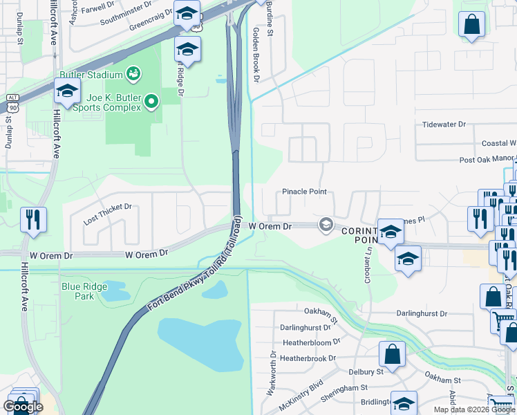 map of restaurants, bars, coffee shops, grocery stores, and more near 13510 Titus Point in Houston