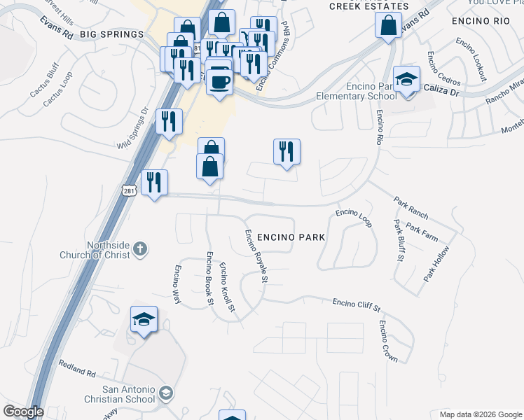 map of restaurants, bars, coffee shops, grocery stores, and more near 2035 Encino Vista Street in San Antonio