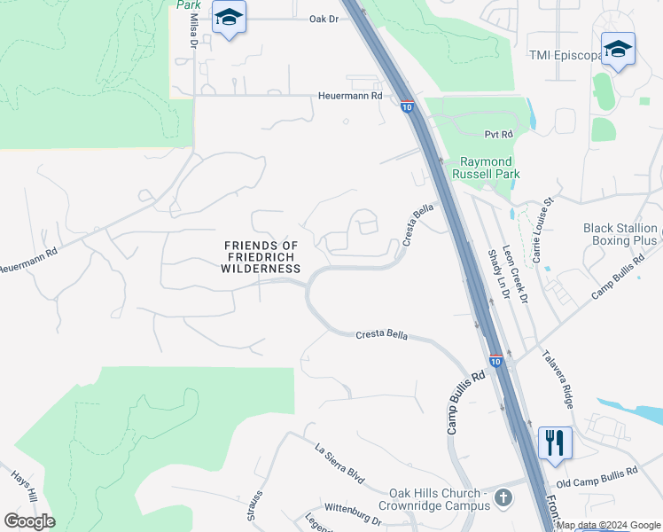 map of restaurants, bars, coffee shops, grocery stores, and more near 20100 Cresta Avenida in San Antonio