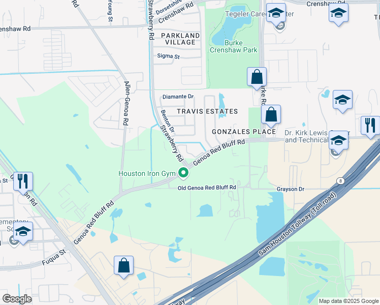 map of restaurants, bars, coffee shops, grocery stores, and more near 635 Genoa Red Bluff Road in Houston