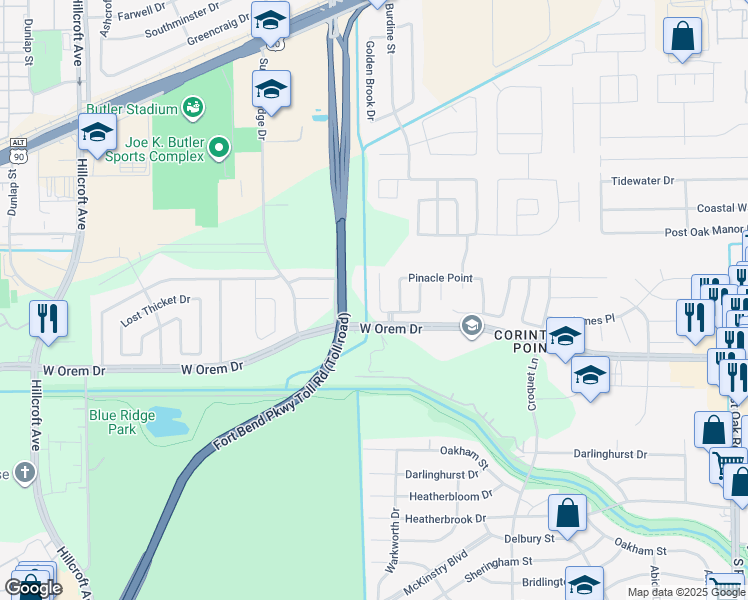 map of restaurants, bars, coffee shops, grocery stores, and more near 13510 Titus Point in Houston